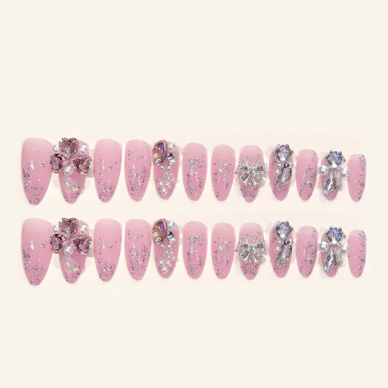 Ddbos Ins Large Crystal False Nails 3D Rhinestone Pearl Decor Bridal Fake Nail Patch Shiny Korean Wedding Artificial Nail Art Tips