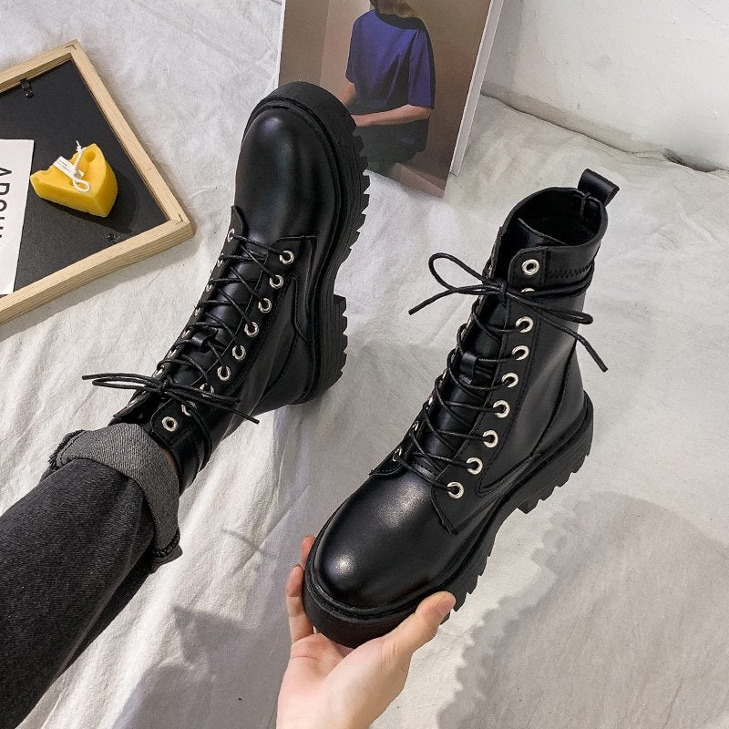 Ddbos White Black PU Leather Ankle Boots Women Autumn Winter Round Toe Lace Up Shoes Woman Fashion Motorcycle Platform Botas