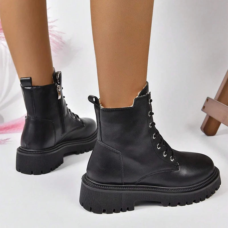 Ddbos Thick Warm Long Plush Ankle Boots for Women Winter Lace Up Pu Leather Motorcycle Boots Woman Plus Size Short Booties Shoes