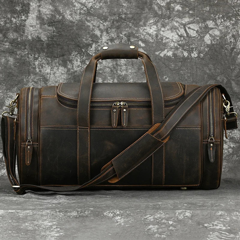 Ddbos Big Capacity Leather Man Travel Bags Crazy Horse Leather Luggage Weekend Travel Duffel Large Business Man Handbag Shoulder Bag