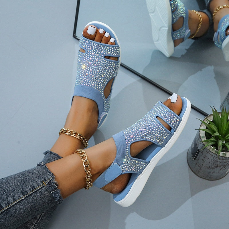 Summer Women Sandals fashion Stretch flying weave Rhinestone Casual Woman Flats Ladies Beach Shoes Women Big size 35-43