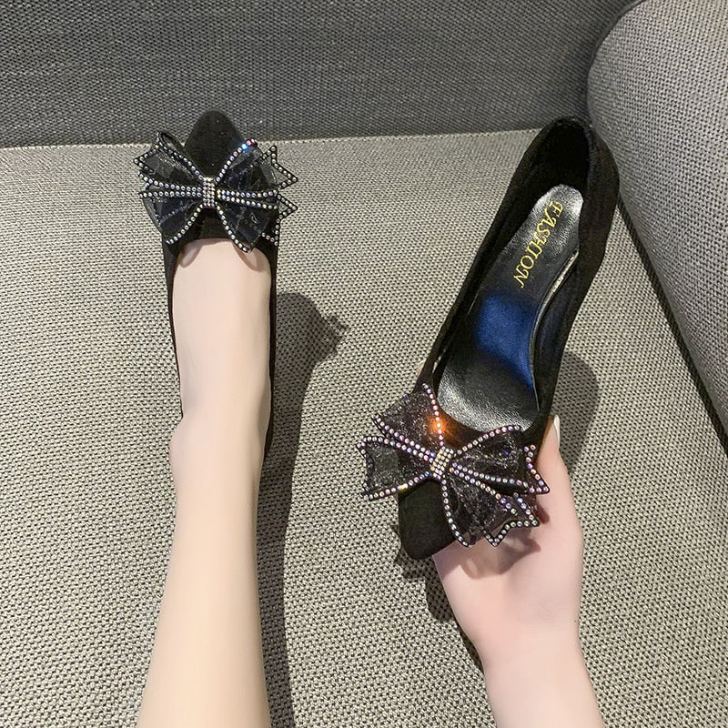 Ddbos Top Qualith High Heels Women's Butterfly Thick Heel Spring and Autumn New Crystal Wedding Shoes Black Single Shoes Summer