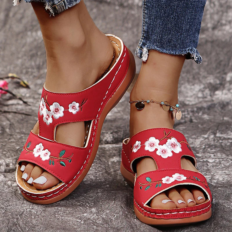 Ddbos Women Slippers Embroider Flowers Leather Woman Sandals Outdoor Light Casual Wedges Slippers Slip on Summer Shoes for Women