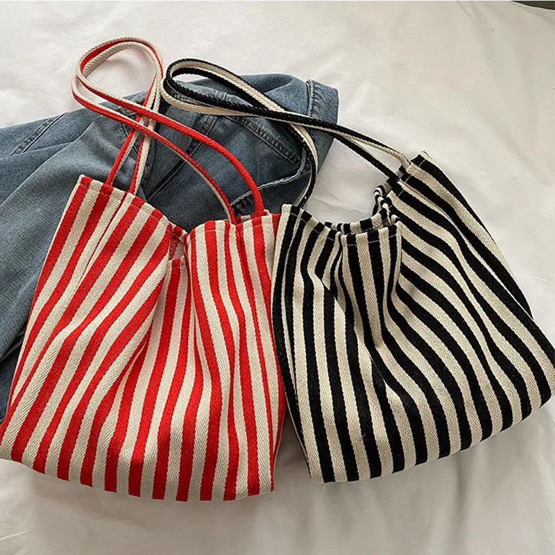 Ddbos BACK TO SCHOOL Korean Version Of Retro Literary Handbag Simple Fresh Striped Shoulder Bag Fashion Large Capacity Shopping Bag