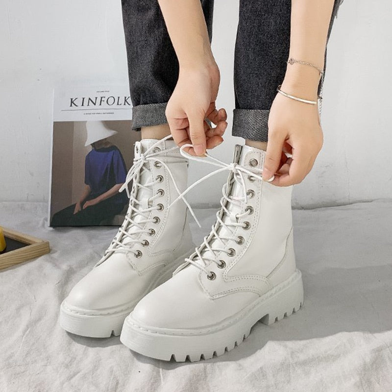 Ddbos White Black PU Leather Ankle Boots Women Autumn Winter Round Toe Lace Up Shoes Woman Fashion Motorcycle Platform Botas