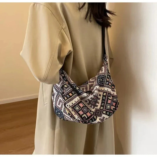 Female Shoulder Messenger Bag Trend Bag Simple Zipper Handbags Ethnic Style Canvas Shoulder Small Tote Woven Beach