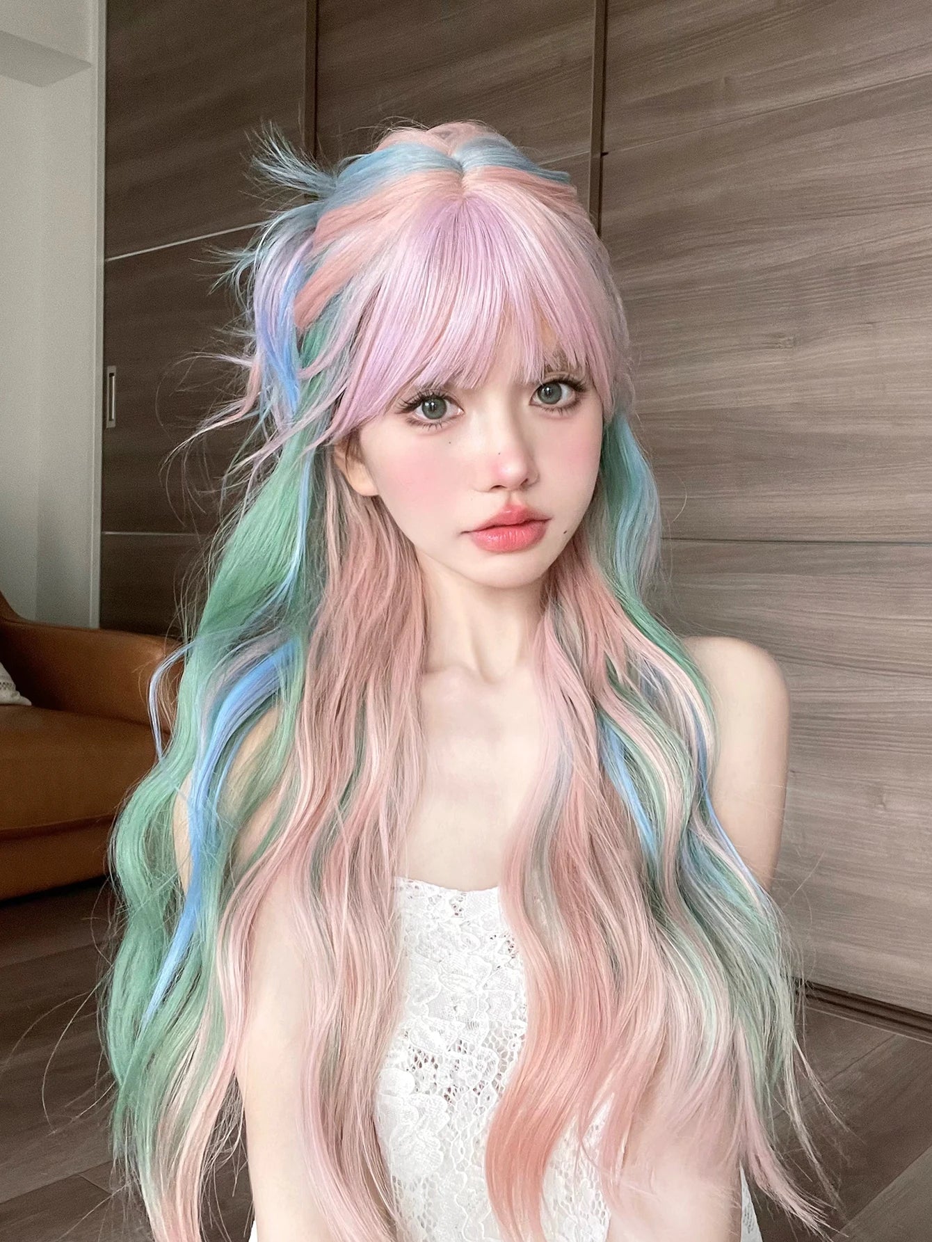 28Inch Iridescent Rainbow Color Multicolour Synthetic Wigs with Bang Long Natural Wavy Hair Wig for Women Cosplay Heat Resistant