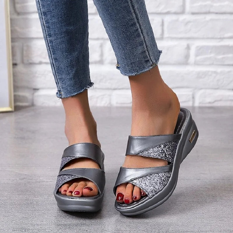 Ddbos new Women Summer Slippers Ladies Glitter PU Wedges Shoes Female Casual Slingbacks Sandals Comfortable Platform Woman