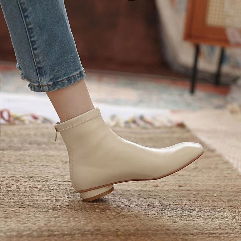 Ddbos Women Soft Leather Ankle Boots Square Toe Round Mid Heel Zipper Fashion Short Boot Autumn Winter Ladies Shoes Beige Retro Boots