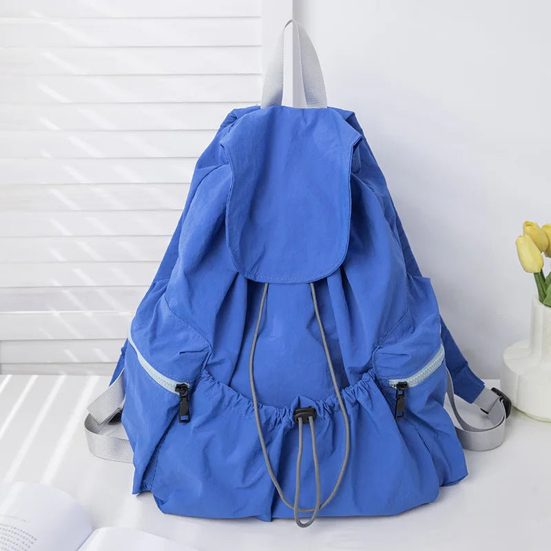 Ddbos Pleated Drawstring Nylon Backpack for Women Large Capacity Flip Top Student Backpack College Student Backpack