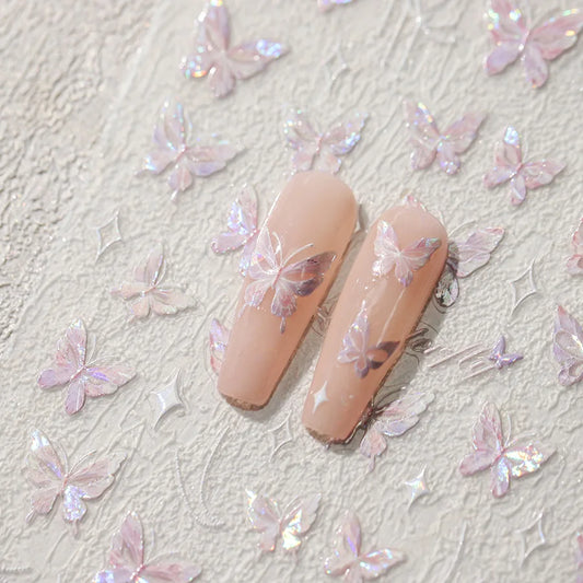 Shining Pink Aurora Shell Butterfly Nail Stickers 3D Nail Art Design Decoration Decals DIY Manicure Newest Desgin