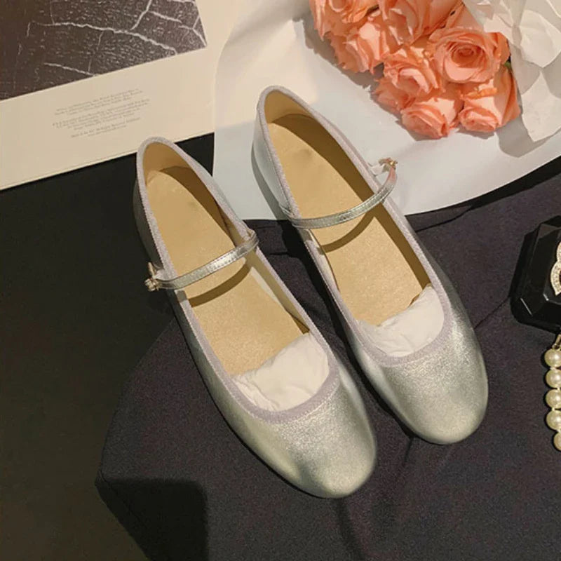 Ddbos Women Flats Mary Jane Ballet Shoes Female Round Toe Glossy Leather Flats Female Dance Ballets Party Ball Bridal Wedding Shoes