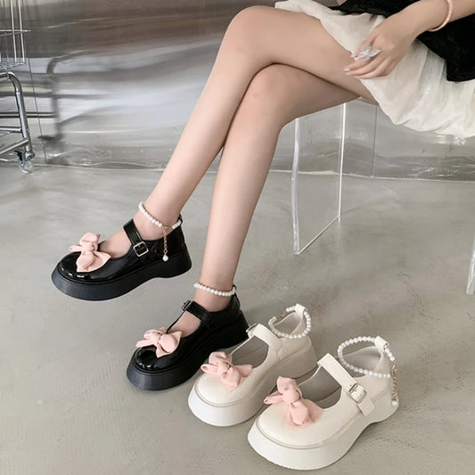 Ddbos Spring and Autumn Fashion New Beaded Round Toe Solid Color Casual and Comfortable Women's Banquet Bow Thick-soled Shoes