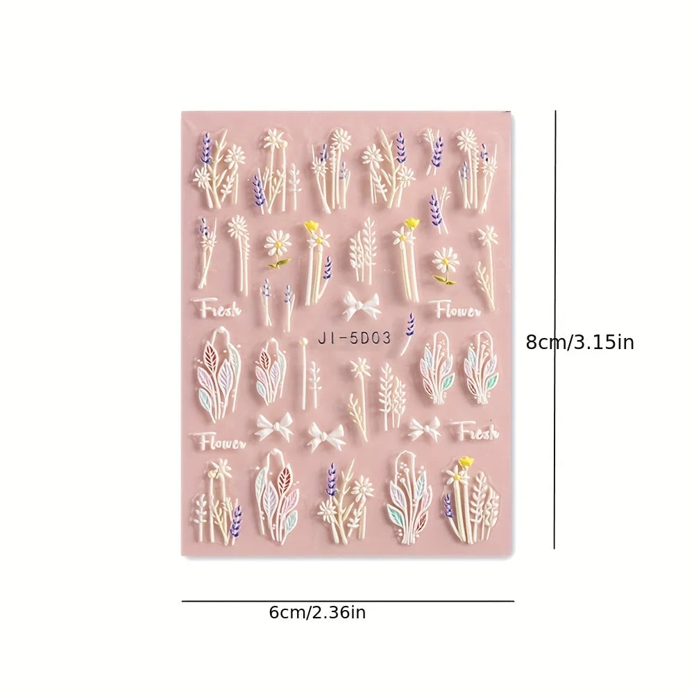 3 Sheets Embossed Flower Leaves Nail Art Stickers Decals Self-Adhesive Nail Art Decoration Manicure Accessories