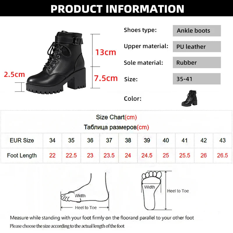 Ddbos Thick Heel Ankle Boots for Women New Black Leather PU High Heels Shoes Woman Autumn Winter Platform Motorcycle Boots Women