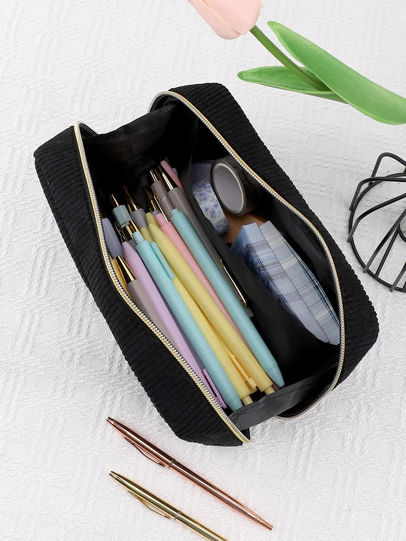 Ddbos BACK TO SCHOOL Pencil Case Black Estuche Escolar Pencil Pouch Corduroy Large Capacity Pen Case School Supplies Kalemlik Pencil Cases For Girls