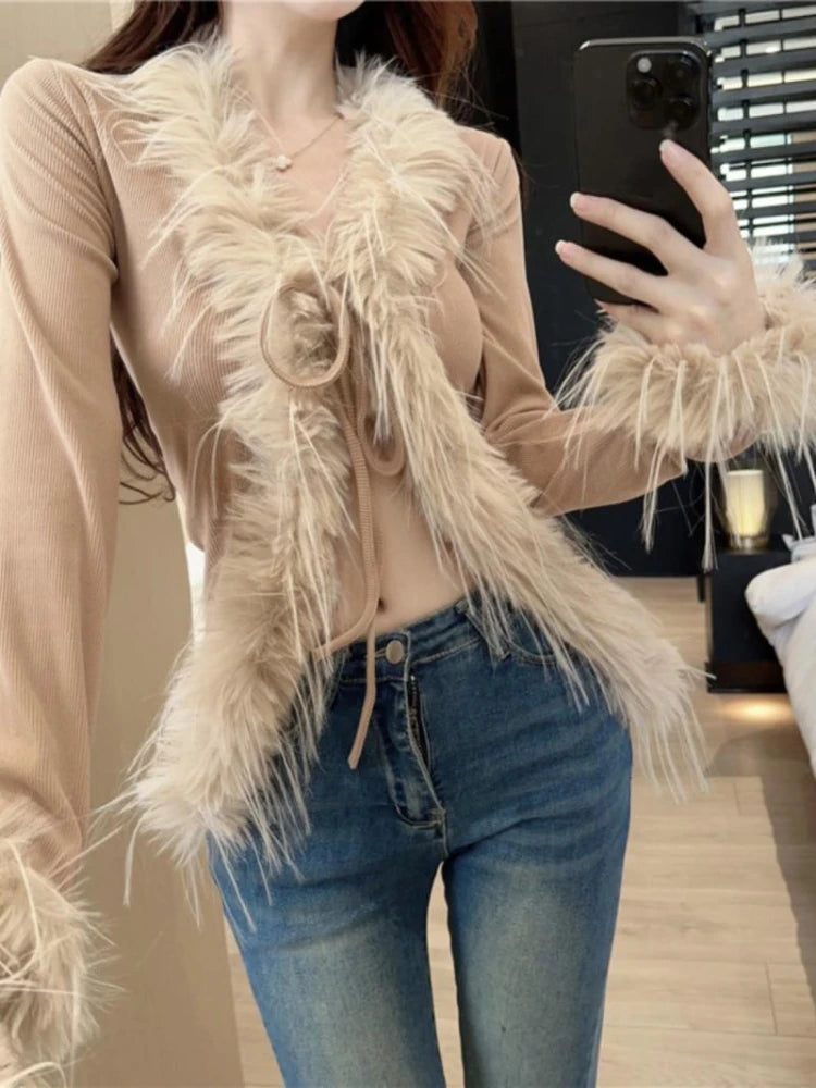 Ddbos Korean Y2k Aesthetic Elegant Fluffy Sweaters All Match Sweet Bandage Slim Sexy Coats Streetwear Fashion New Chic Cardigans Women