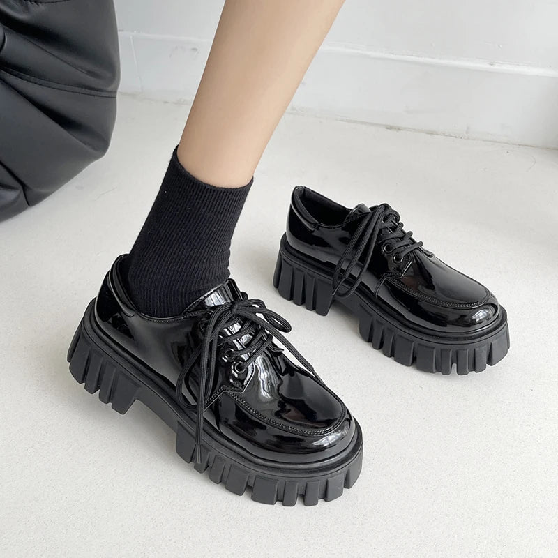 Patent Leather Platform Oxford Shoes for Women Spring Casual Lace Up Flats Woman Black Chunky Shoes Zapatillas Mujer