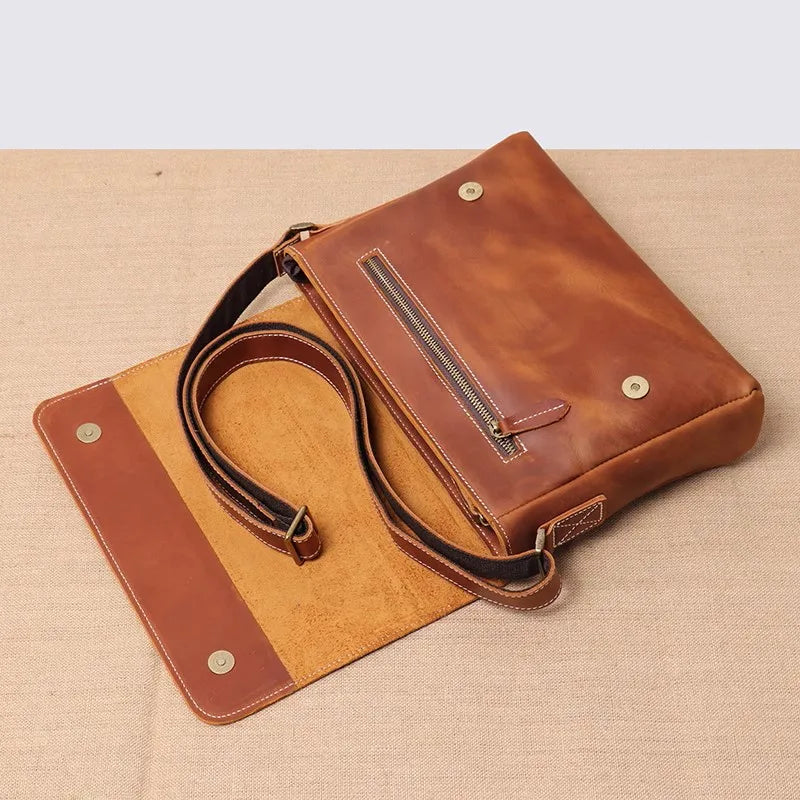 Ddbos Retro Top Layer Cowhide Leather Men's Flap Shoulder Bag Daily Casual Horizontal Crossbody Bag 9.7 Inches Ipad Bag