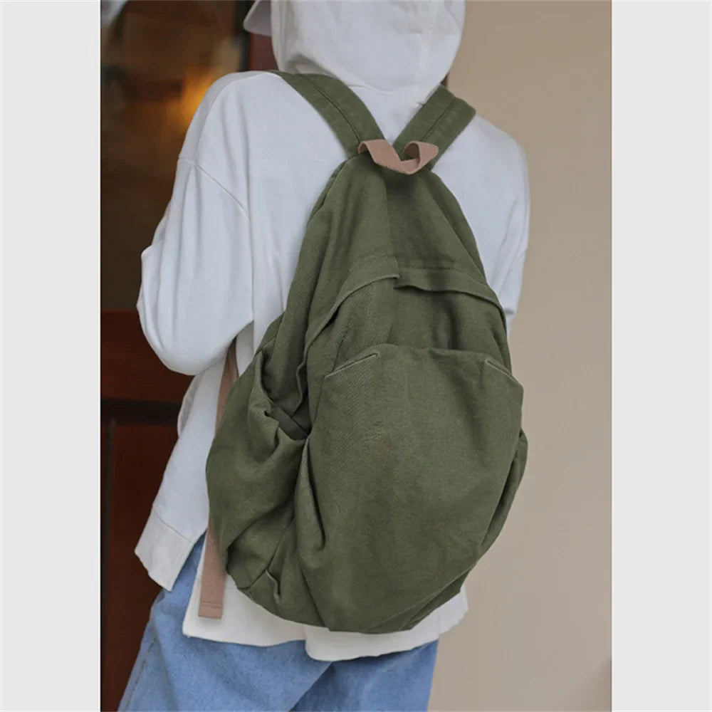 Ddbos Large Capacity Casual Simplicity Versatile School Student Backpack Solid Color Japanese Washed Canvas Travel Bag For Men Women