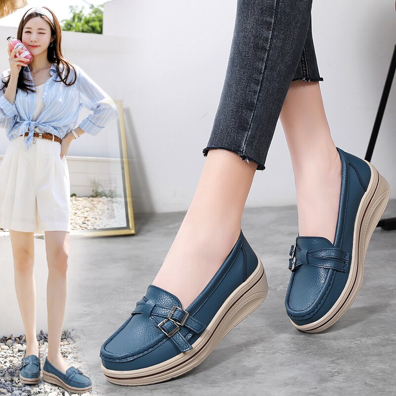 Ddbos New Spring Autumn Women Flats Platform Loafers Ladies Leather Comfort Wedge Moccasins Orthopedic Slip On Casual Shoes 35-42