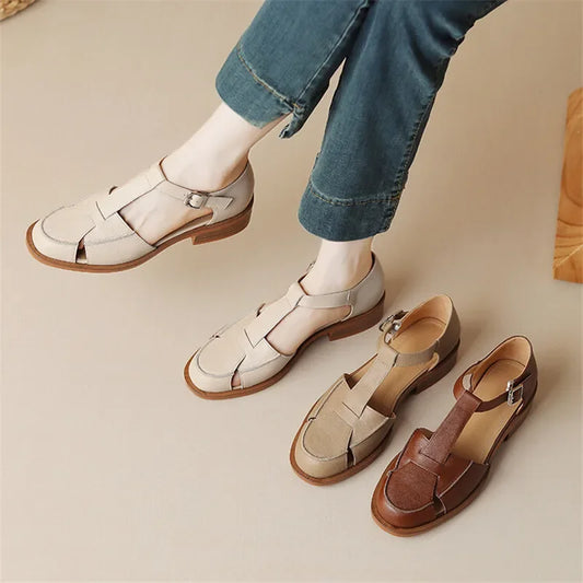 Summer Sandals Cowhide Round Toe Women Sandals Chunky Heel Women Shoes Cover Toe Shoes for Women Hollow Out Mary Jane Shoes