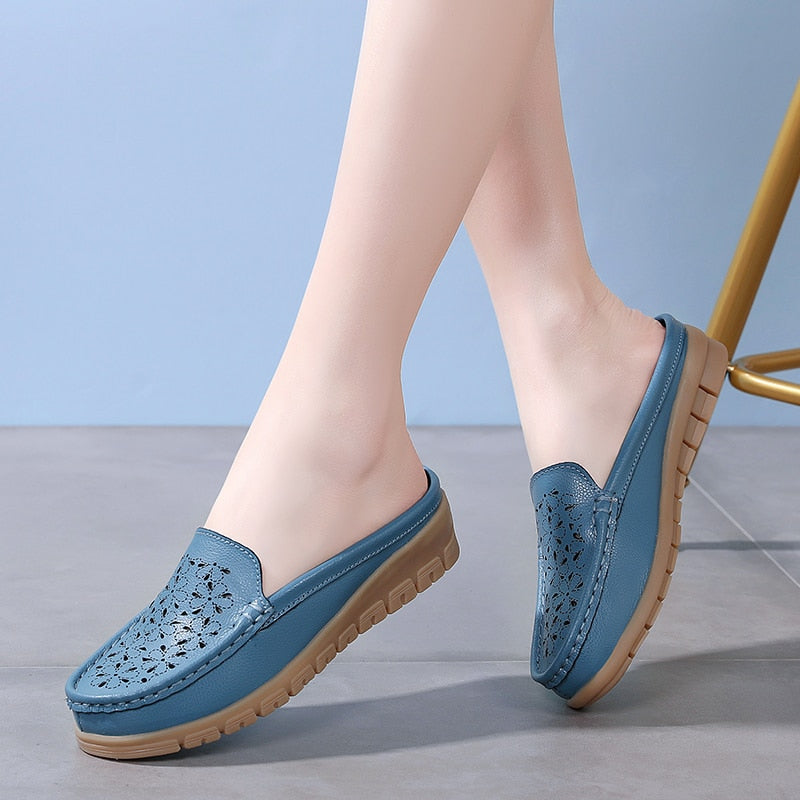 Flats Women's Shoes Summer Genuine Leather Moccasins Women Loafers Cut-outs Slippers Casual Shoes Woman Sandals