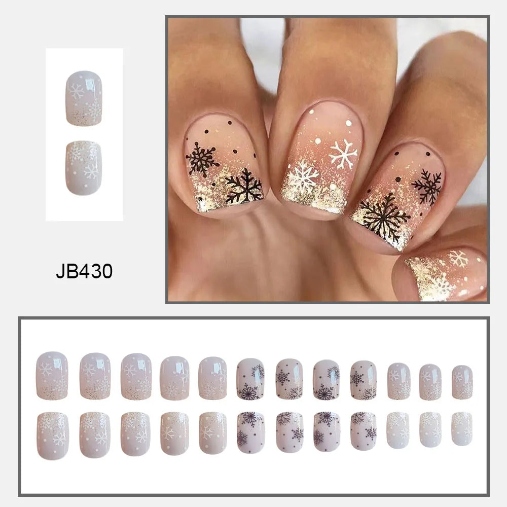 Ddbos Christmas Stiletto Fake Nails for Women Girls Golden Snowflakes Designs French Press on Nails Wearable Full Cover False Nails