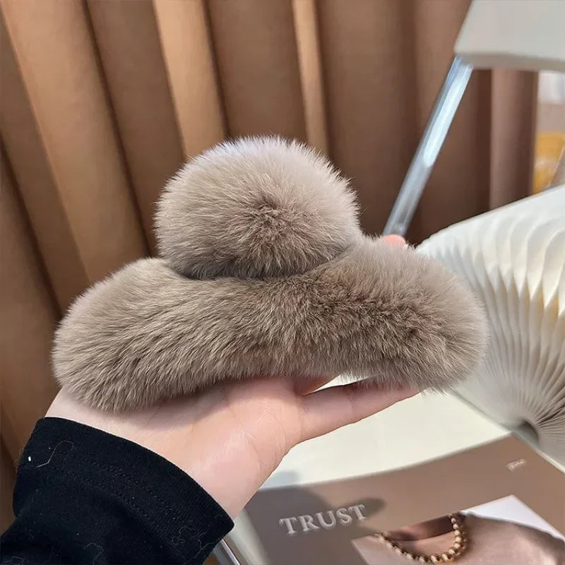 Ddbos Vintage Women Large Real Otter Rabbit Plush Hair Clip Korea Autumn and Winter Elegant Shark Claw Girl Sweet Hair Accessories