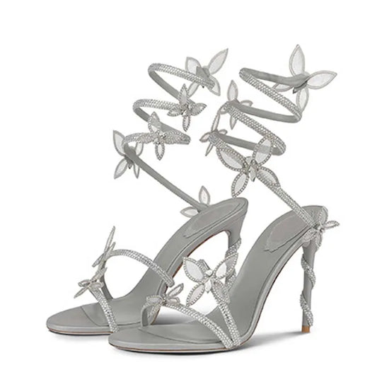 Ddbos Sexy Crystal Butterfly-knot Ankle Strap Sandals Woman Fashion Open Toe Stiletto High Heels Banquet Party Pumps Shoes