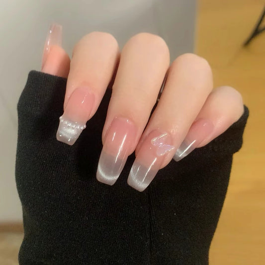 10pcs wearable Icy Rouge nude natural clear manual light therapy Handmade press on nails ballet acrylic false nails with glue