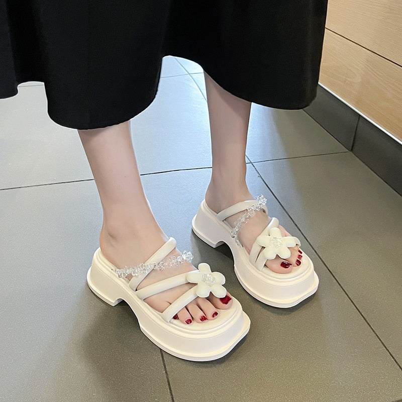 Summer New Women's Slippers Fashion Flower Open Toe Women's Slippers Solid Color Rhinestones Women Shoes