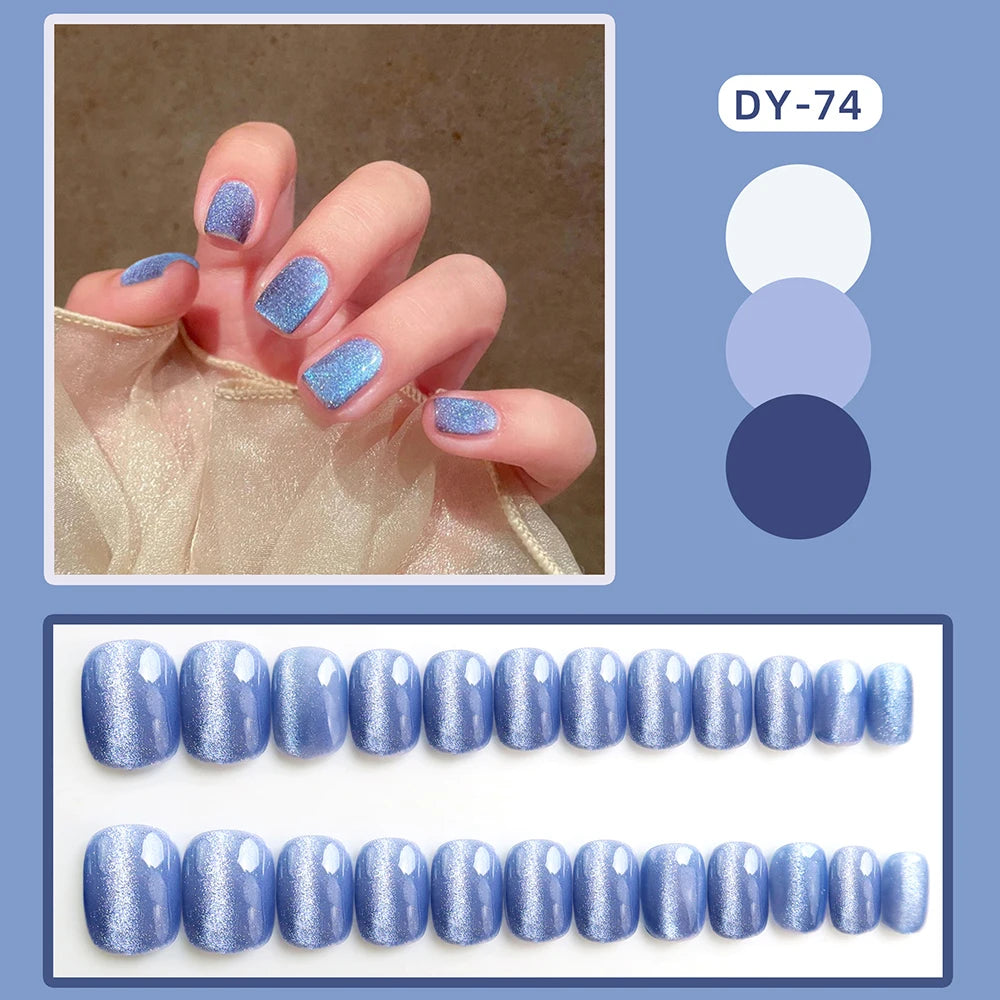 Ddbos 24pcs Cat Eye False Nail Deep Blue Color Fake Nail Tips Full Cover Nail Art Long Coffin Ballet Press on Nail Manicure Nail Tips