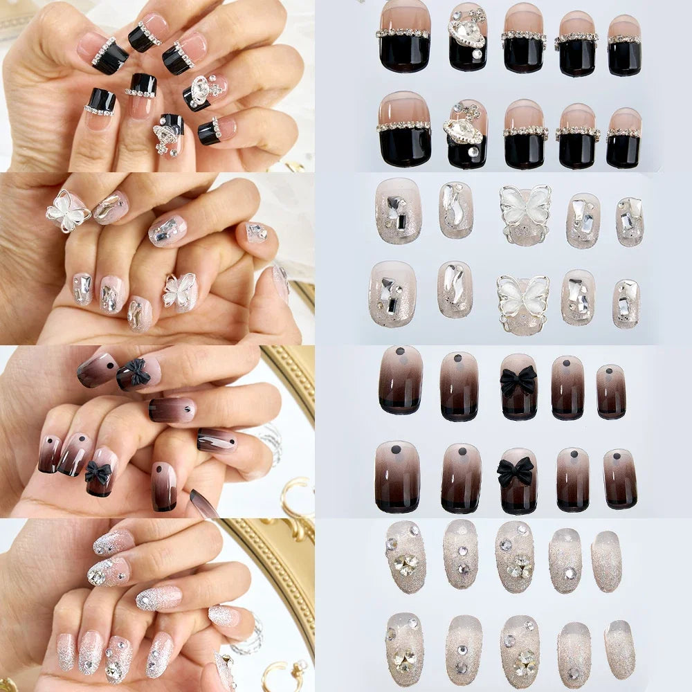 96PCS Glossy Medium Almond Press On Nails Reflective Glitter Cat Eye Fake Nails Sparkling Full Cover False Nails For Women Girls