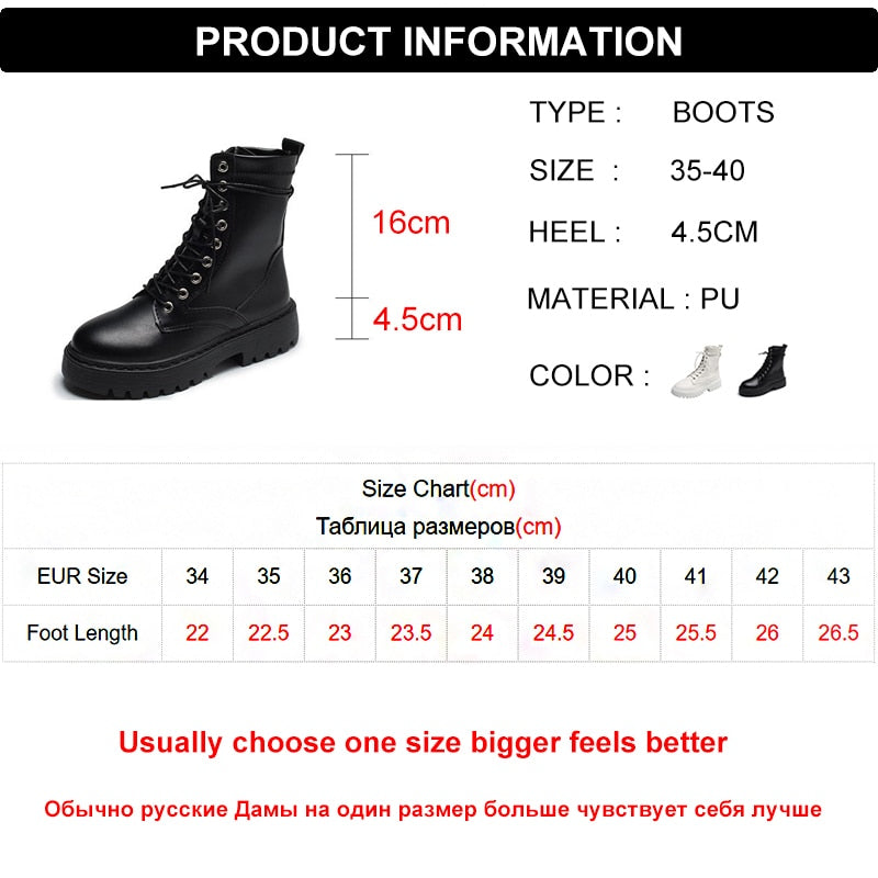 Ddbos White Black PU Leather Ankle Boots Women Autumn Winter Round Toe Lace Up Shoes Woman Fashion Motorcycle Platform Botas