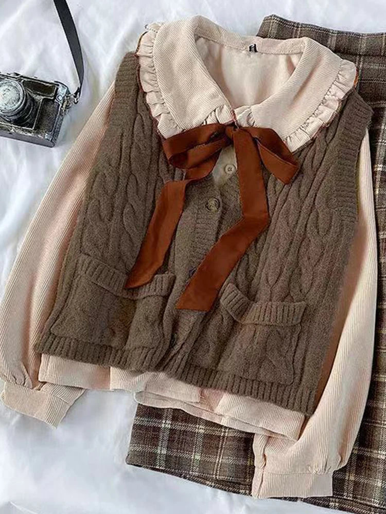 Ddbos cute winter outfits Preppy Three-piece Women's Suit Spring Autumn Female Student Korean Loose Lace-up Shirt + Knitted Vest + Plaid Skirt Sets