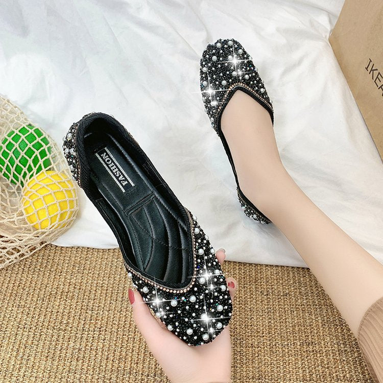 Ddbos Glitter Crystal Pearl Pink Flats Ballet Shoes Women Moccasins Square Toe Slip on Summer Loafers Shallow Ballerina Flats Female