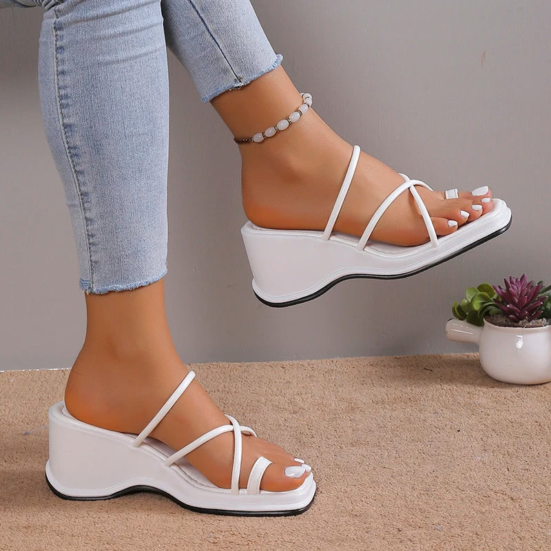 Ddbos Women's White Wedge Sandals Summer Ring Toe Cross Strap Gladiator Sandals Woman Non Slip Platform Beach Slippers Plus Size