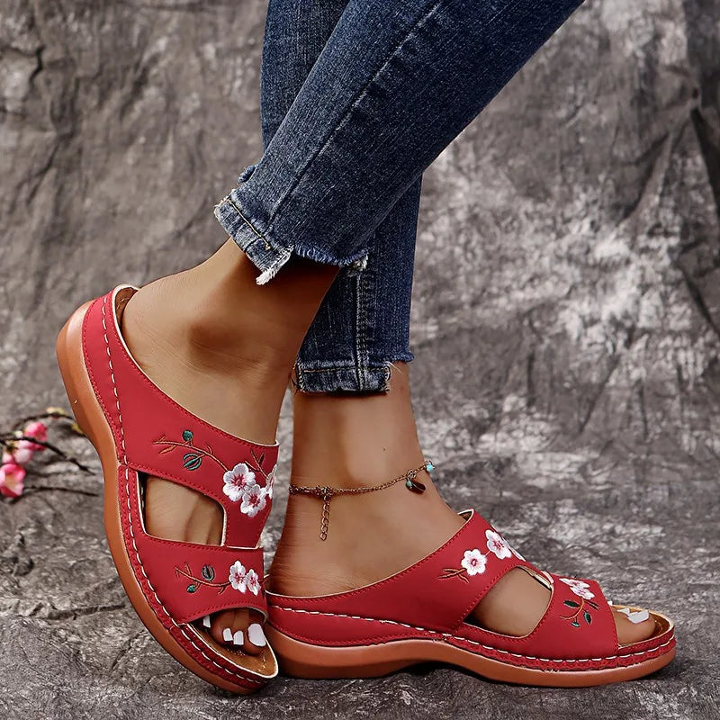 Ddbos Women Slippers Embroider Flowers Leather Woman Sandals Outdoor Light Casual Wedges Slippers Slip on Summer Shoes for Women