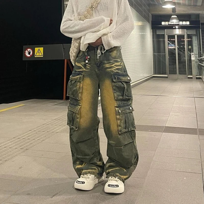 Ddbos Y2k Hip Hop Retro Streetwear Mens Jeans Distressed Faded Washed Oversized Pockets Loose Cargo Pants High Street Wide Leg Pants