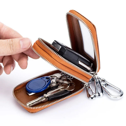 Car Key Chain, Universal Car Auto Split  Leather 2 Zipper Key Case Holder Storage Bag  For  Man