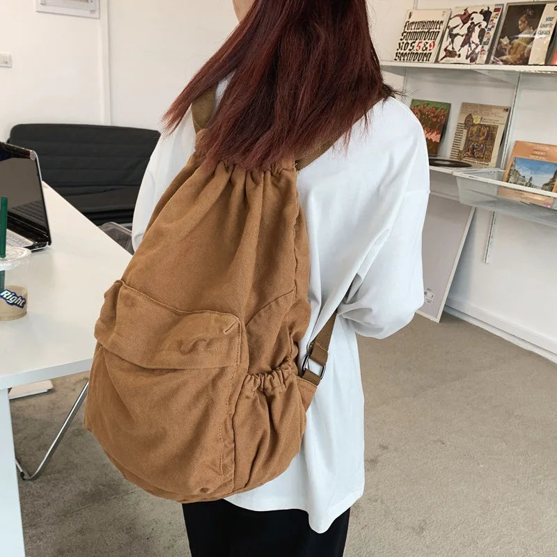 Ddbos BACK TO SCHOOL Girl Solid Color Retro Style Canvas Korean Casual Women Backpack Harajuku High School Students Washed Canvas Drawstring Backpack