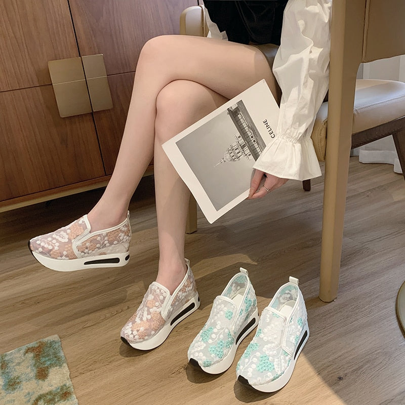 Ddbos Female Wedge Shoes Sequin Mesh Breathable Shoes Women White Gold Platform Sneakers Women Height Increasing Wedges Shoes Casual