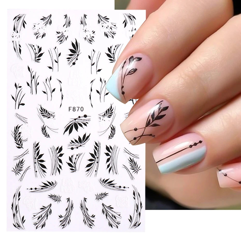 Ddbos 1PC Black Leaf 3D Adhesive Sticker For Nail Geometric Lines Spring Flower Leaves Butterfly Nail Decor Decal Manicure Accessories