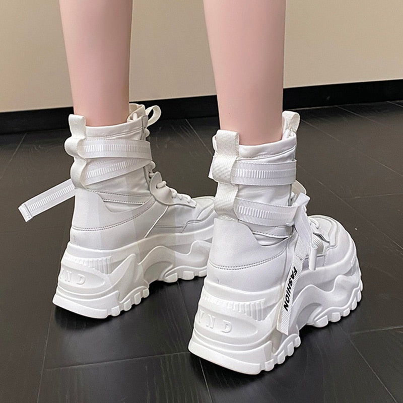 Ddbos Fashion Women Chunky Platform Motorcycle Boots White Lace Up Thick Bottom Shoes Woman Autumn Winter Ankle Botas De Mujer