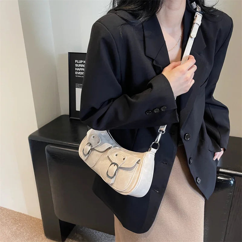 Ddbos Fashion Double pockets Design PU Leather Shoulder Bag for Women Tend Female Crossbody Bag Underarm Bags Handbags