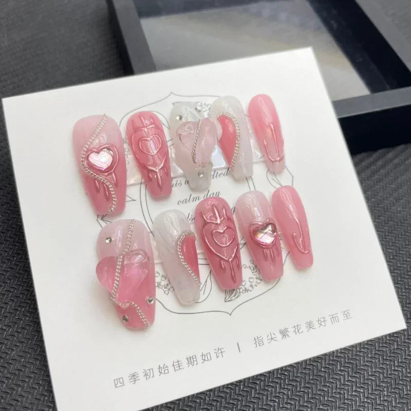 Nails Manicuree Heart False Nails Japanese Wearable Artificial With Designs Pink Handmade Nails Press On Full Cover Professional