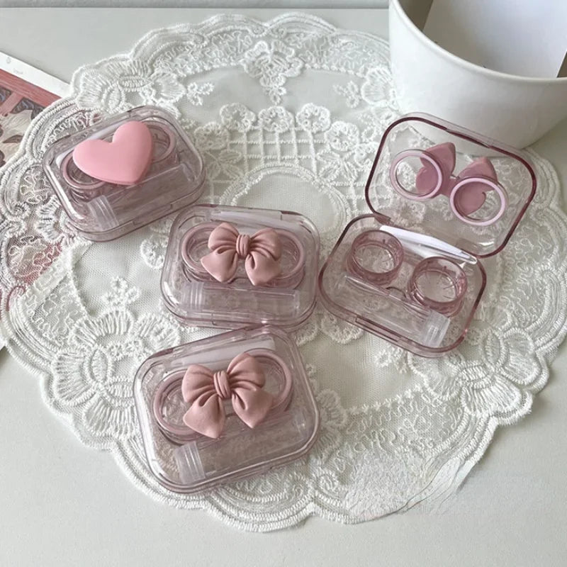 Ddbos Contact Lens Cases Pink Transparent Love Bow Contact Lens Case Girl Portable Beauty Pupil Box Storage Eye Care Container Box