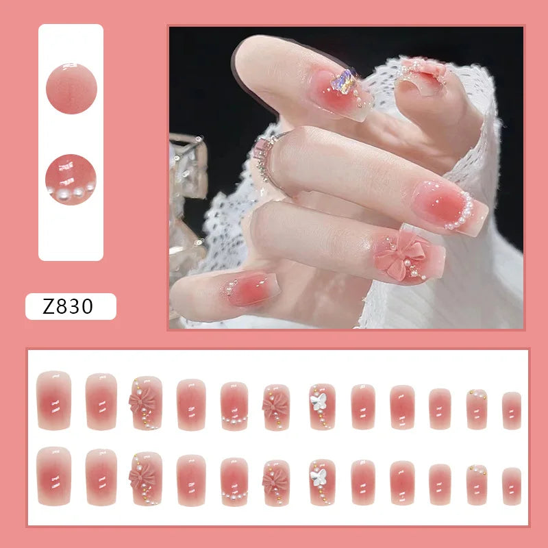 Ddbos 24pcs Pink Bow Design Glossy Press on Nails Wearable Detachable Almond Fake Nail Tips for Girls Lady Korean Sweet False Nails