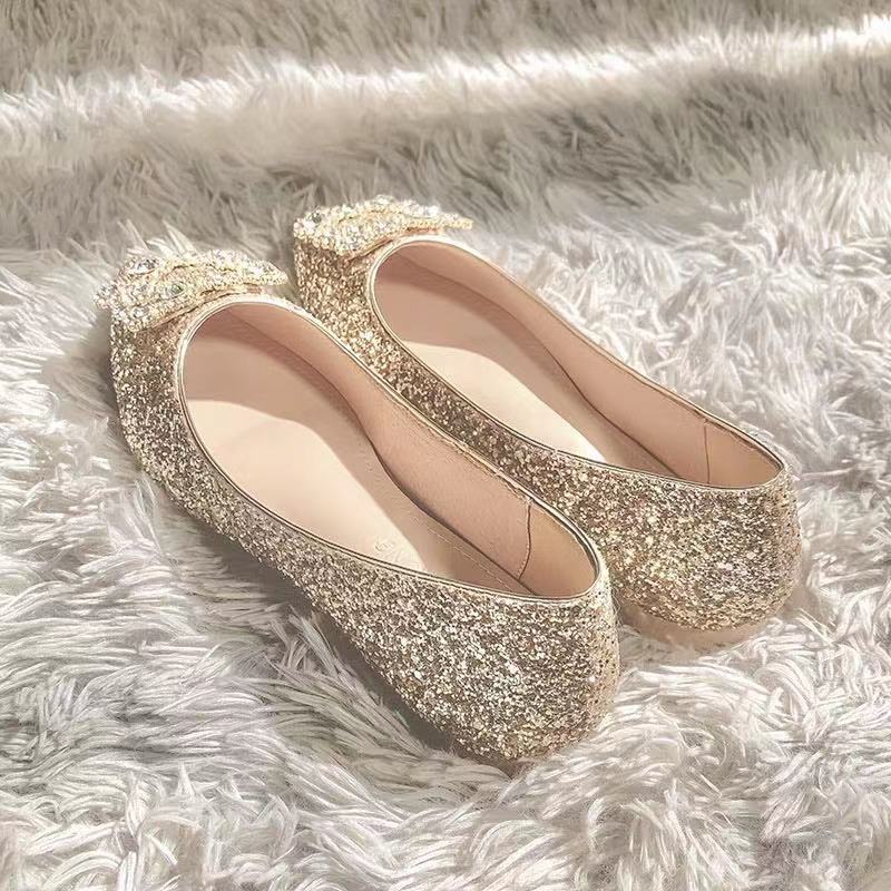 Ddbos Silver Mixed Color Flats Wedding Shoes Women Shine Slip On Ballerina Shallow Loafers Elegant Bridesmaid Ballet Shoes Plus Size42